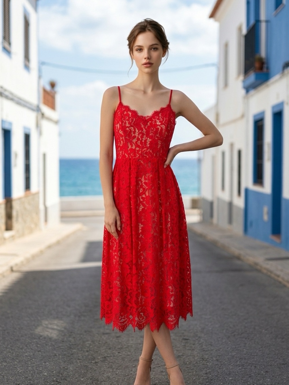 H&M Red Lace Midi Dress with Spaghetti Straps Sz 6